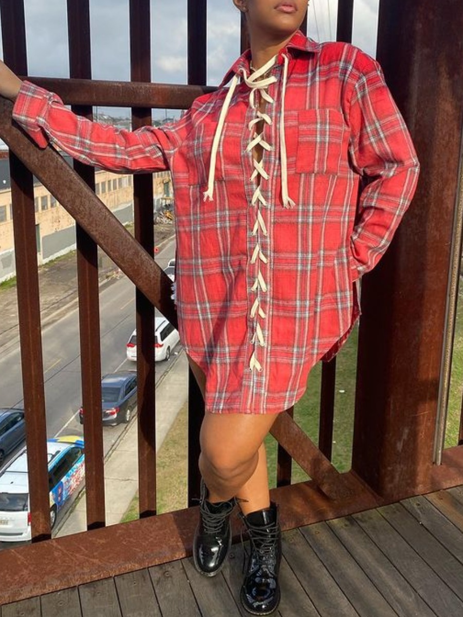 

Lovely Street Plaid Print Bandage Design Red Mini Shirt Dress