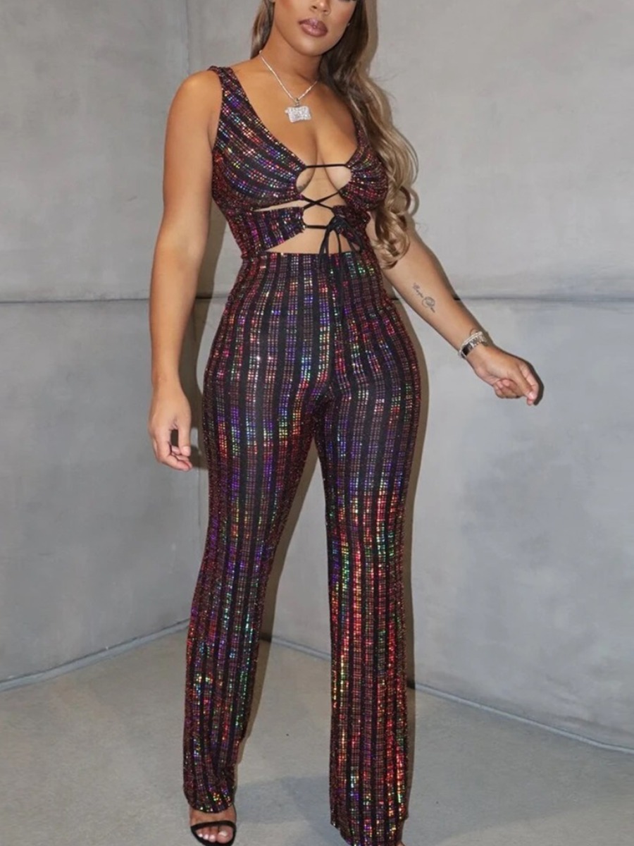 

Lovely Sexy Sequined Bandage Hollow-out Design Black One-piece Jumpsuit