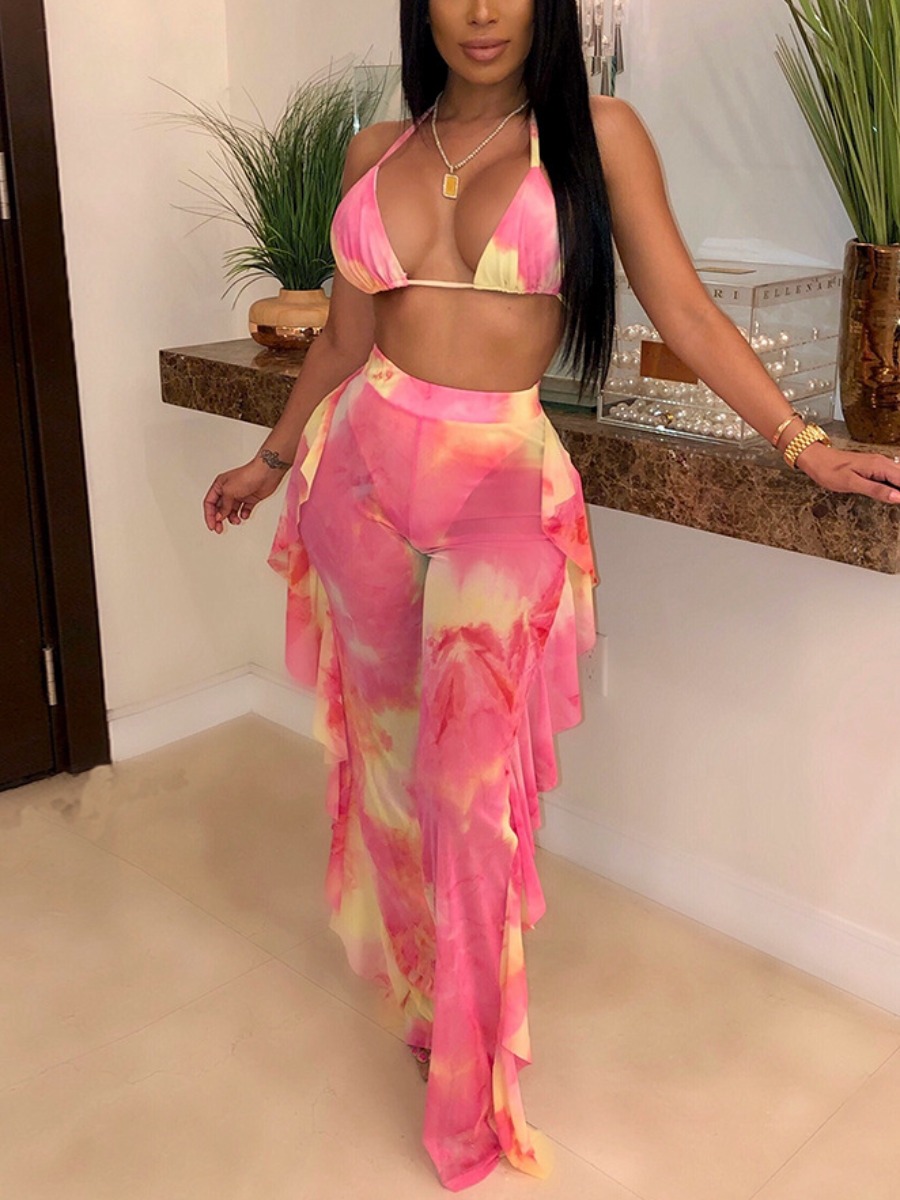 

Lovely Boho Tie-dye Flounce Design Pink Cover-up
