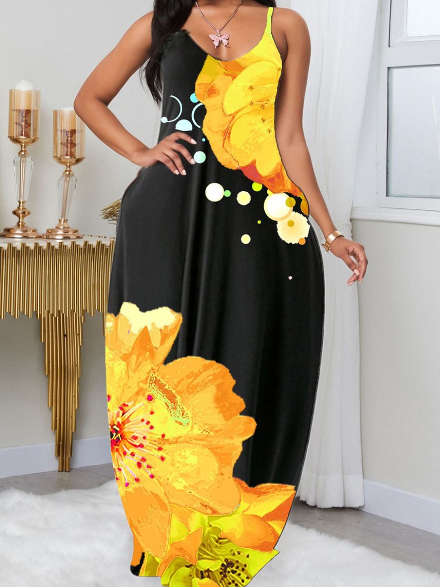 

Lovely Plus Size Boho Floral Print Patchwork Yellow Floor Length Dress