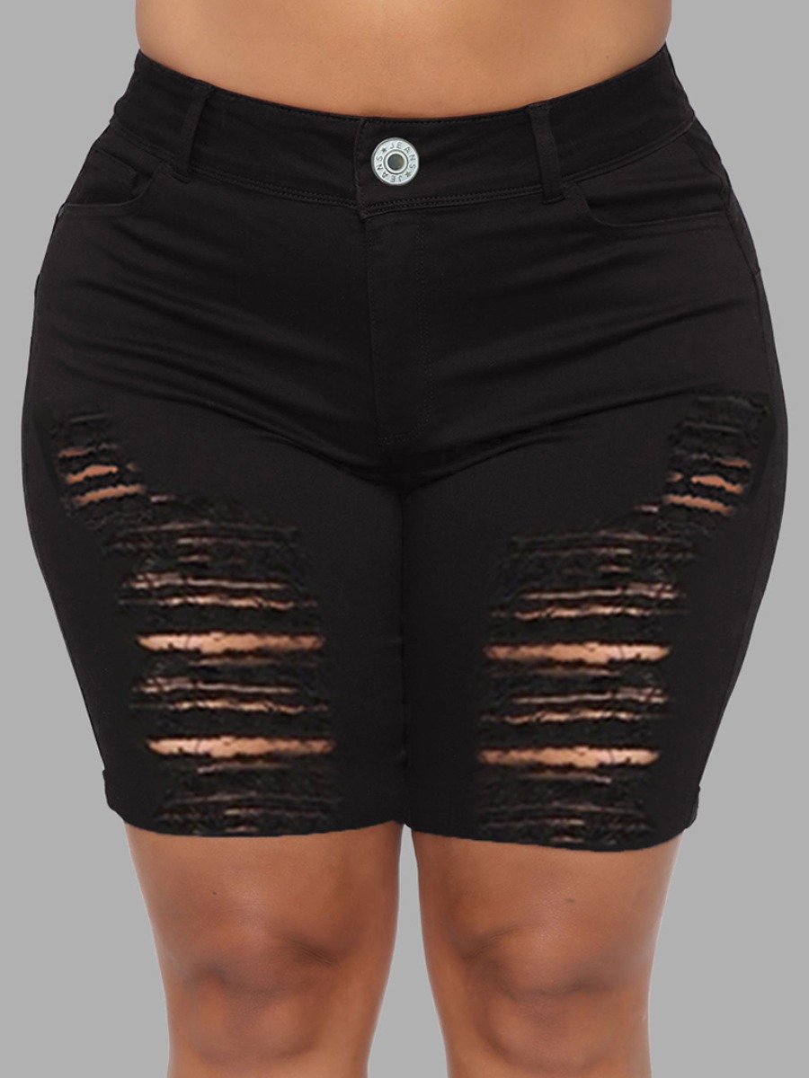 

Lovely Plus Size Street High-waisted Ripped Black Denim Shorts