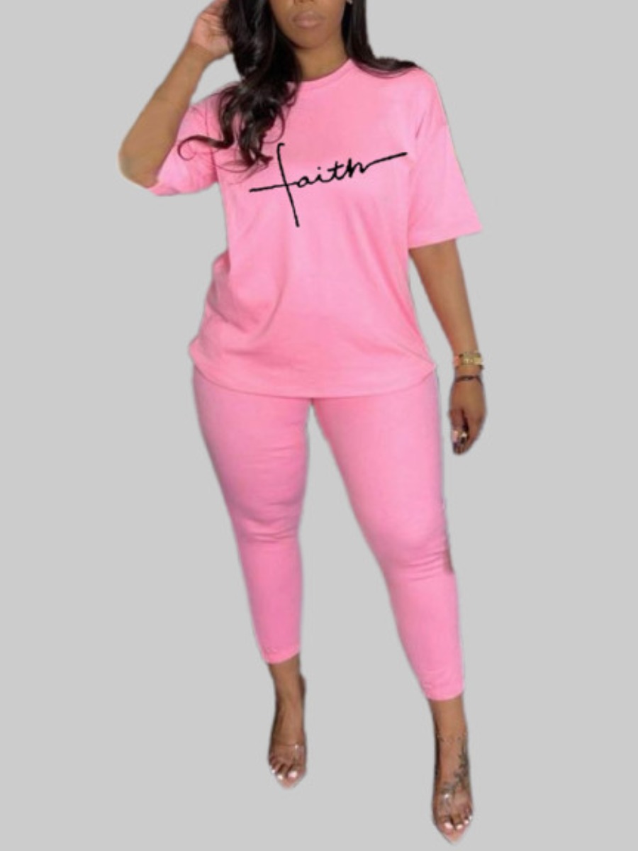 

Lovely Plus Size Casual O Neck Letter Print Pink Two-piece Pants Set