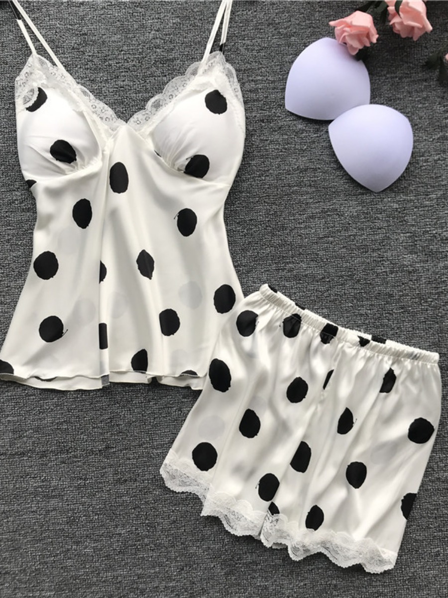 

Lovely Casual V Neck Dot Print White Sleepwear