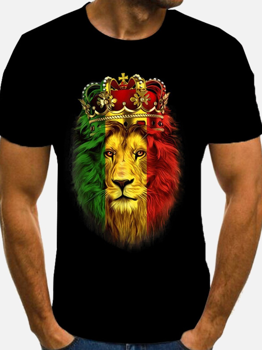 LovelyWholesale Men Casual Crown Lion Print Black T-shirt Summer Short Sleeve Casual Graffiti Element Round Neck Spring Summer 2024