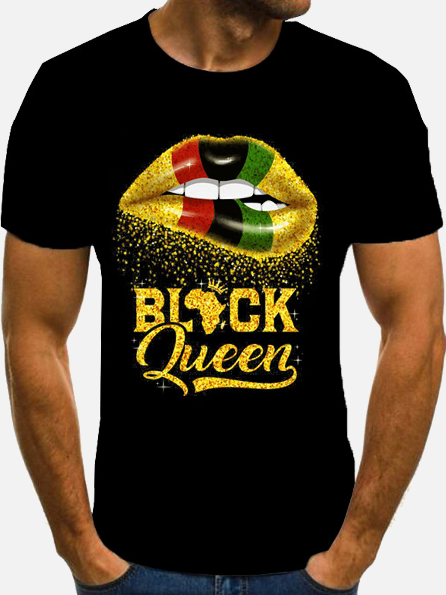 

Lovely Men Casual Lip Letter Print Black T-shirt