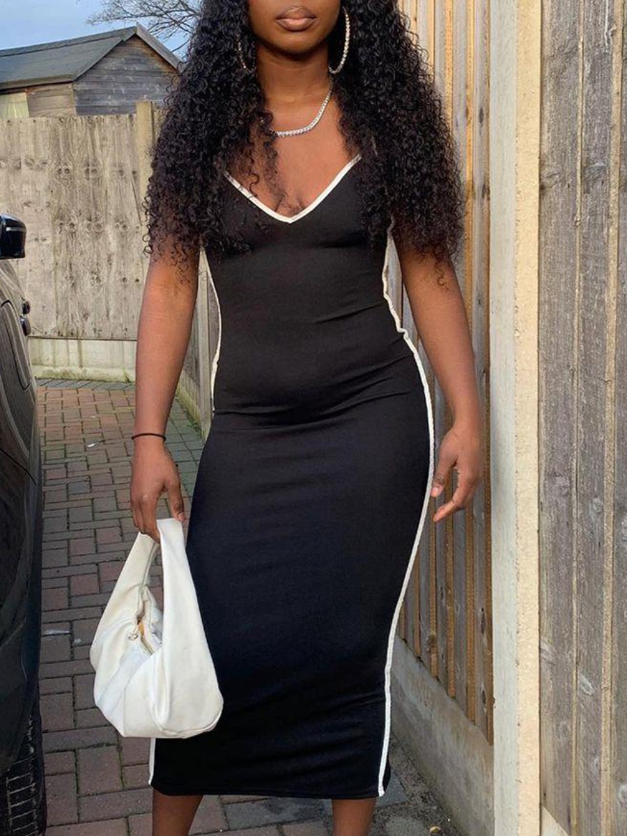 

Lovely Casual Striped Split Black Ankle Length Dress