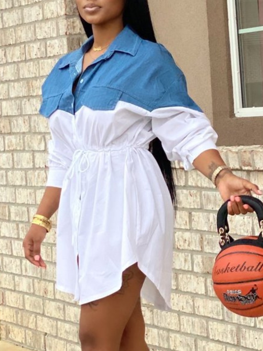 

LW Casual Dropped Shoulder Drawstring White Mini Denim Dress