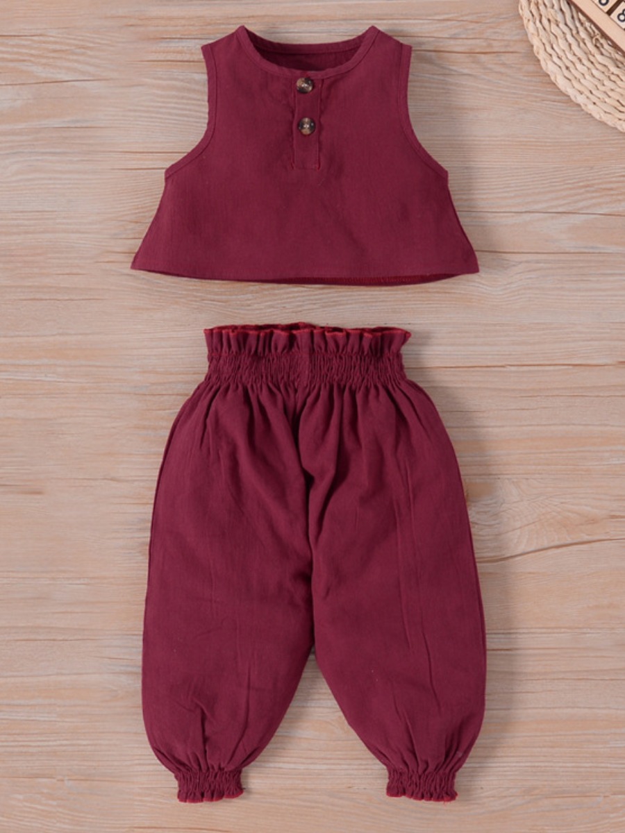 

Lovely Girl Casual Button Ruffle Design Wine Red Two Piece Pants Set
