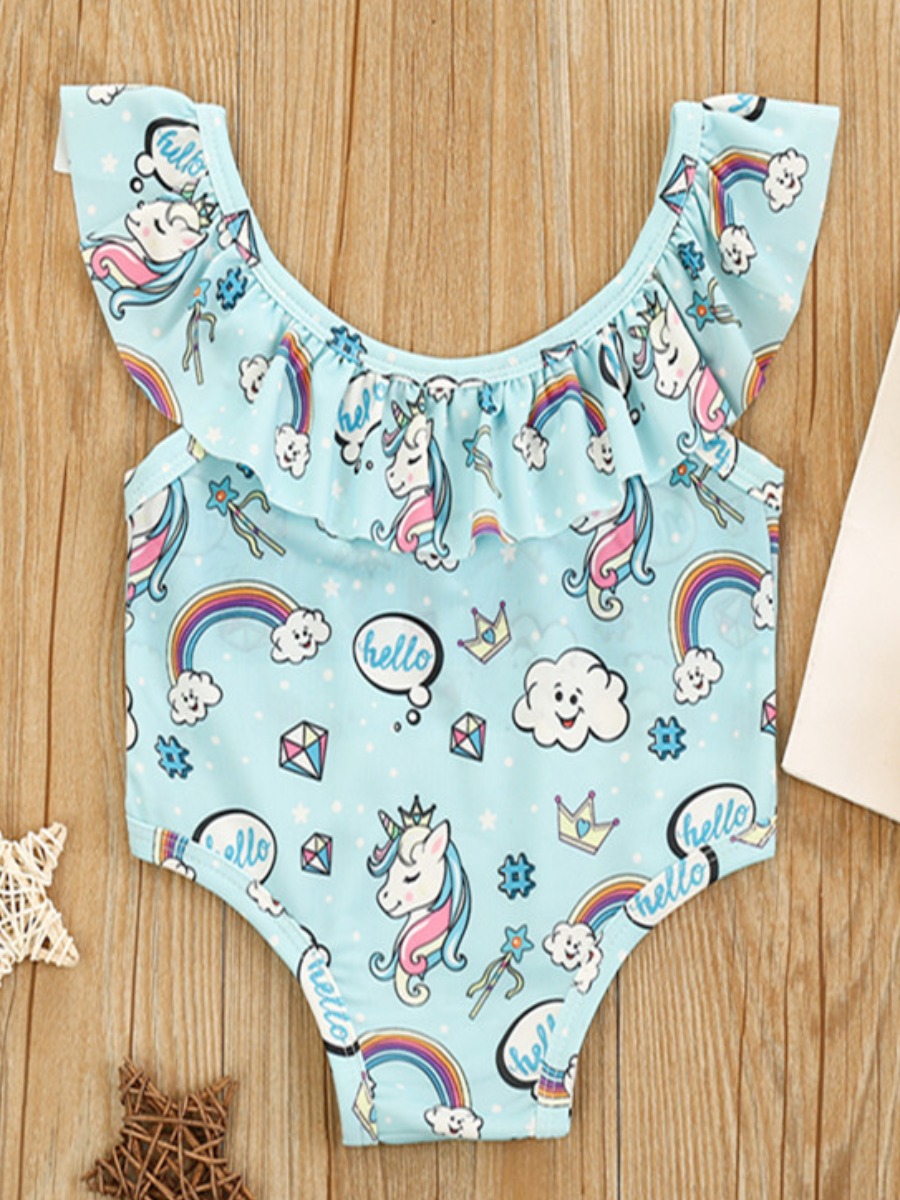 

Lovely Girl Sweet Rainbow Print Flounce Design Acid Blue One-piece Swimsuit