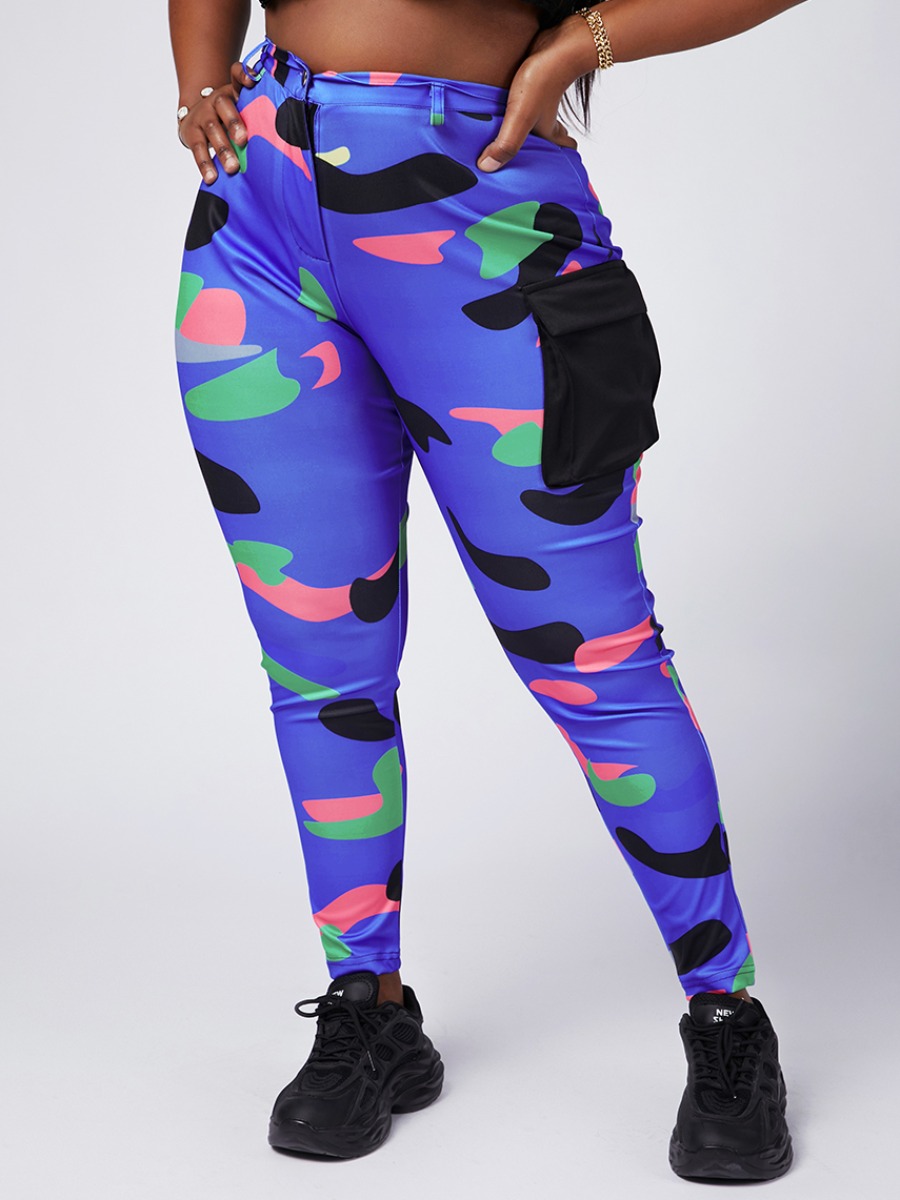 

Lovely Street Camo Print Side Pocket Blue Plus Size Pants