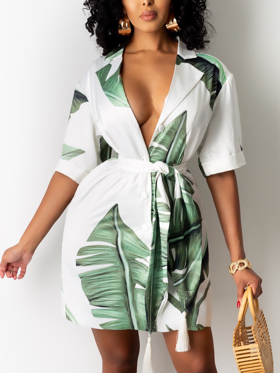 

Lovely Boho Floral Print Bandage Design White Mini Dress