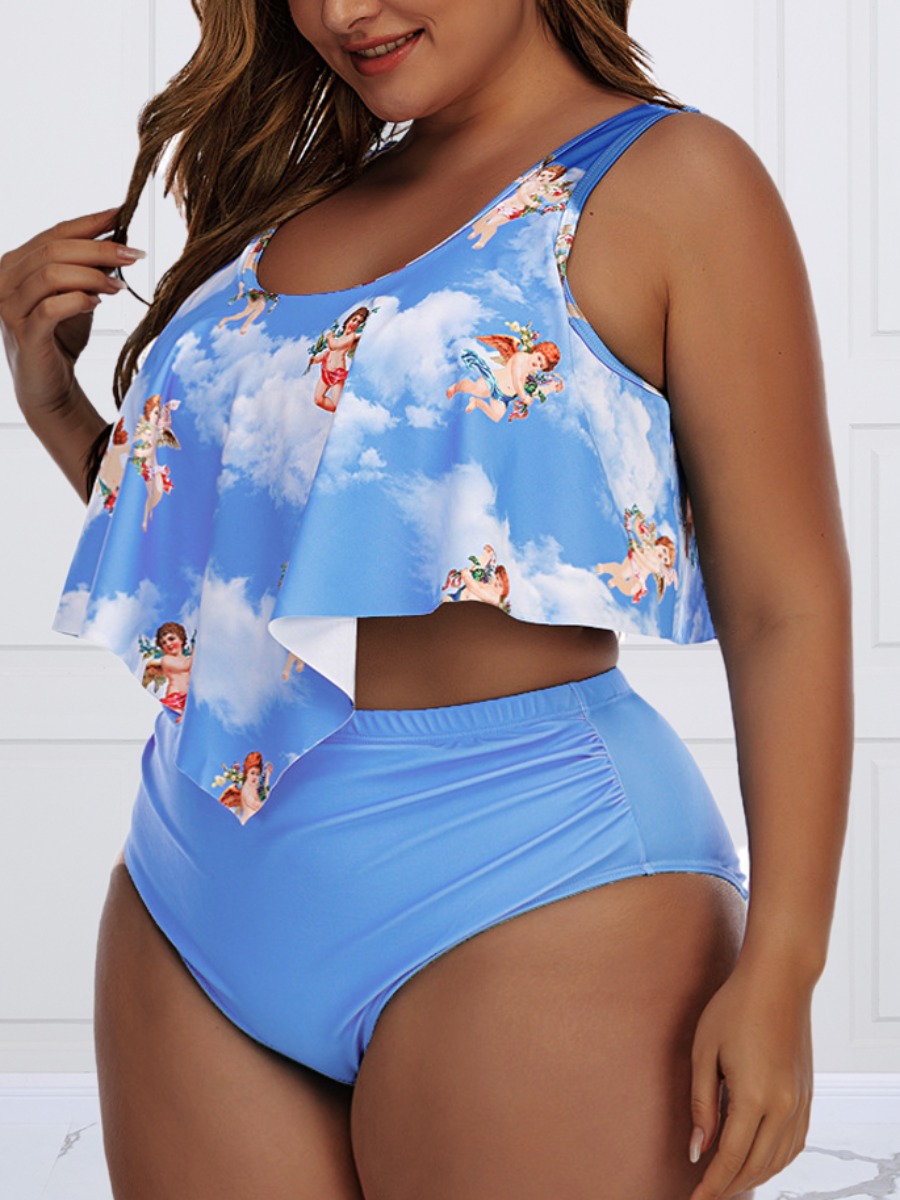 

Lovely Boho O Neck Angel Print Blue Plus Size Tankini