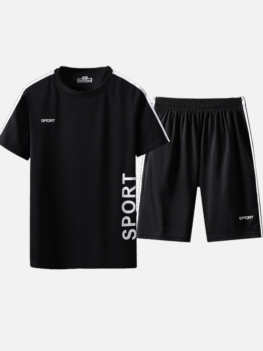 

Lovely Men Sporty O Neck Letter Print Black Two Piece Shorts Set