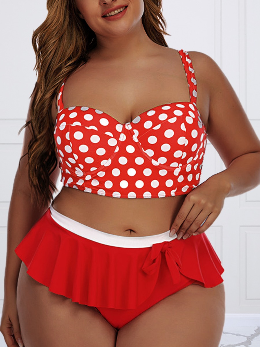 

Lovely Plus Size Boho Dot Print Flounce Bow-tie Decoration Red Two-piece Swimsuit