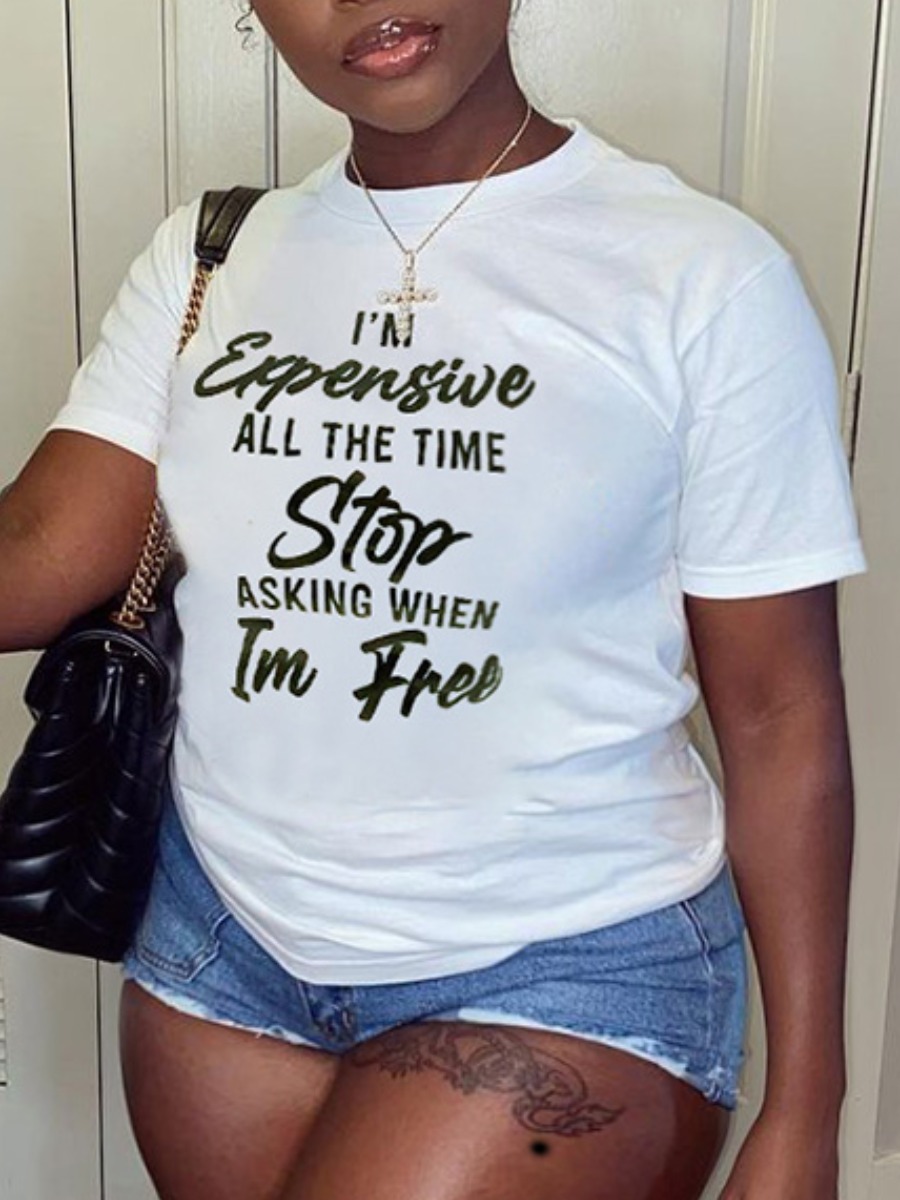 

Lovely Plus Size Casual O Neck Letter Print Black T-shirt, White