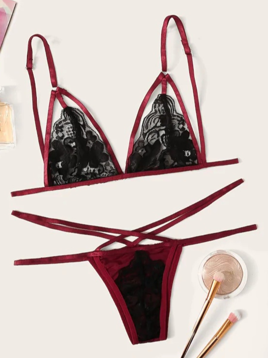

Lovely Sexy See-through Bandage Design Black Bra Set