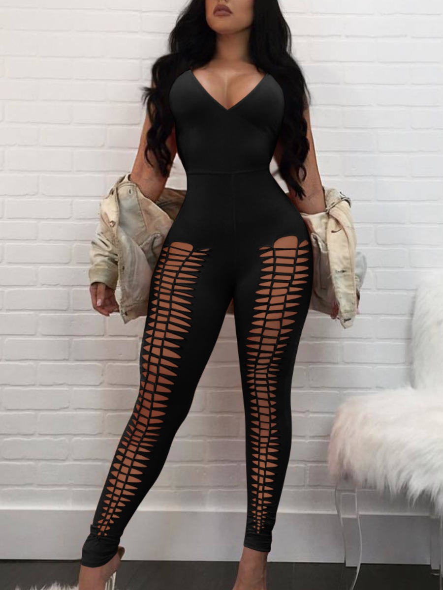 

Lovely Sexy V Neck Ripped Black One-piece Jumpsuit