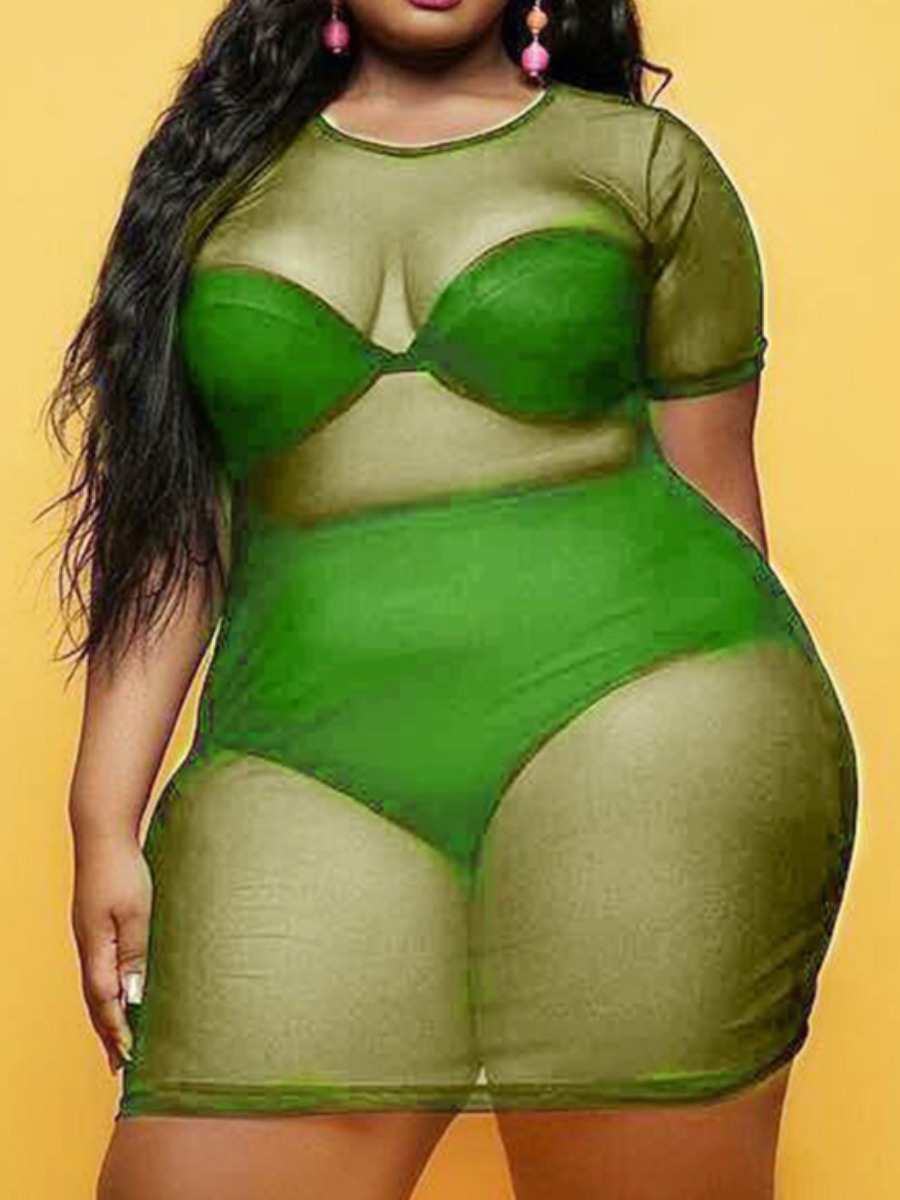 

Lovely Sexy O Neck See-through Green Mini Plus Size Dress