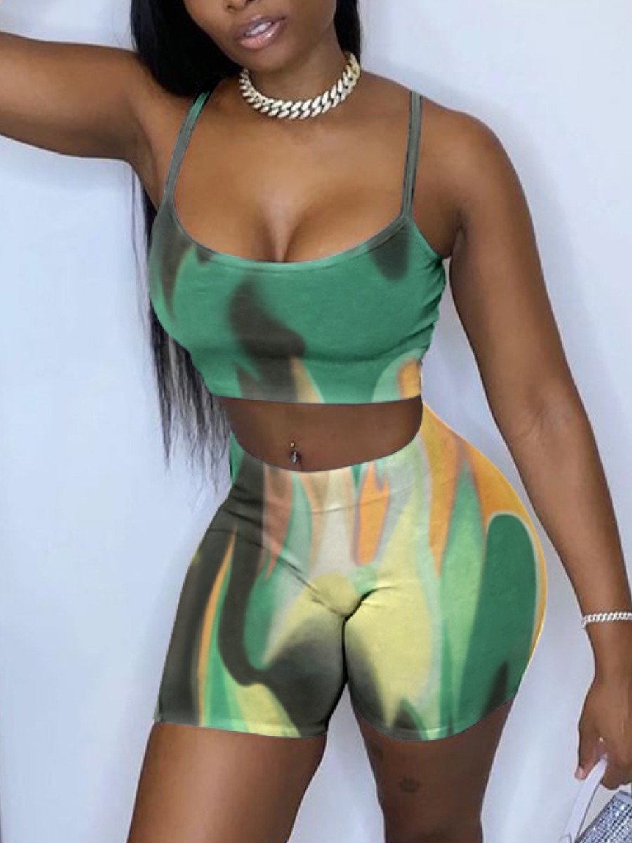 

Lovely Casual U Neck Gradient Green Two Piece Shorts Set