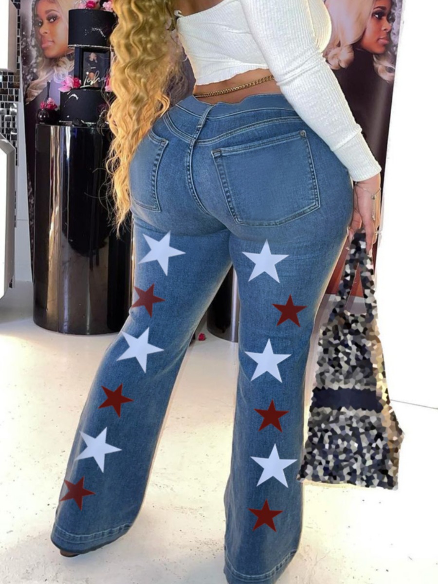

Lovely Street High-waisted Star Print Blue Plus Size Jeans