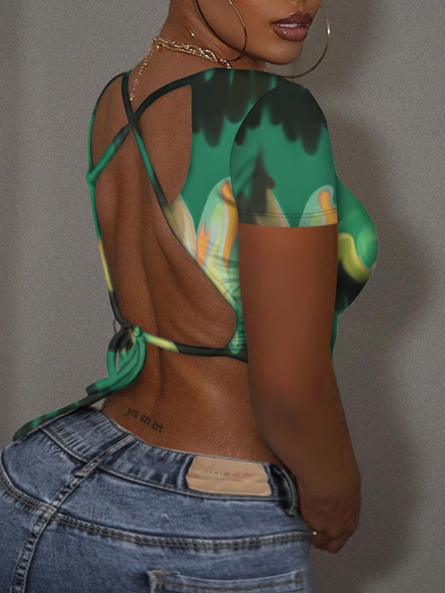 

LW Street Bandage Hollow-out Design Green T-shirt