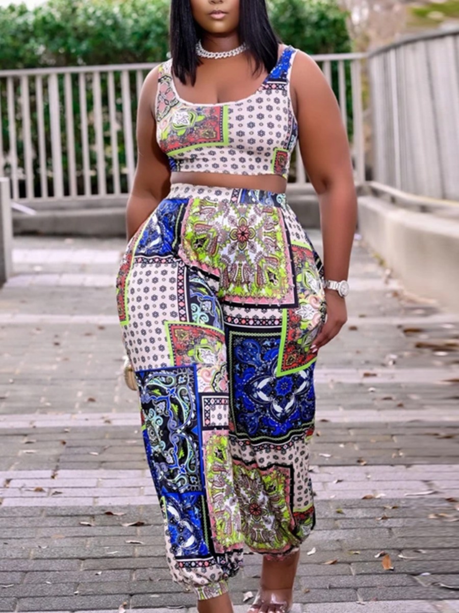 

Lovely Plus Size Boho Dot Geometric Print Multicolor Two-piece Pants Set, Multi