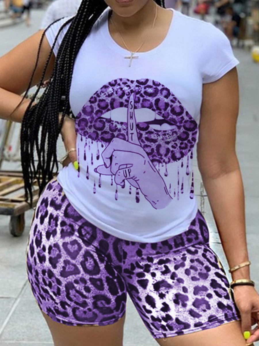 

LW Plus Size Chic Leopard Lip Print Purple Two-piece Shorts Set