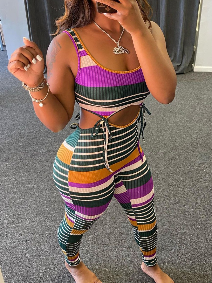 

LW Chic Striped Bandage Design Purple Two Piece Pants Set