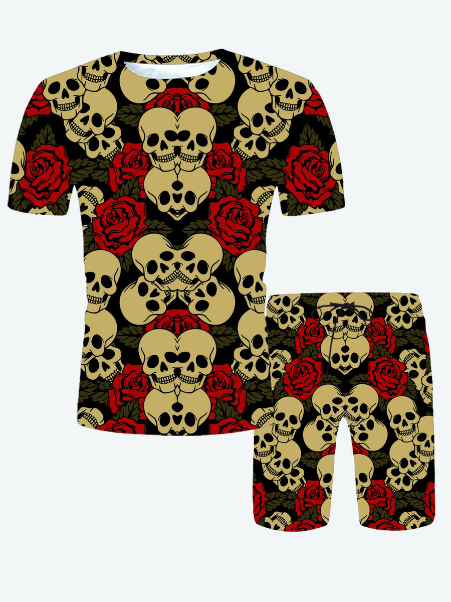 

Lovely Men Street Skull Head Floral Print Black Two Piece Shorts Set