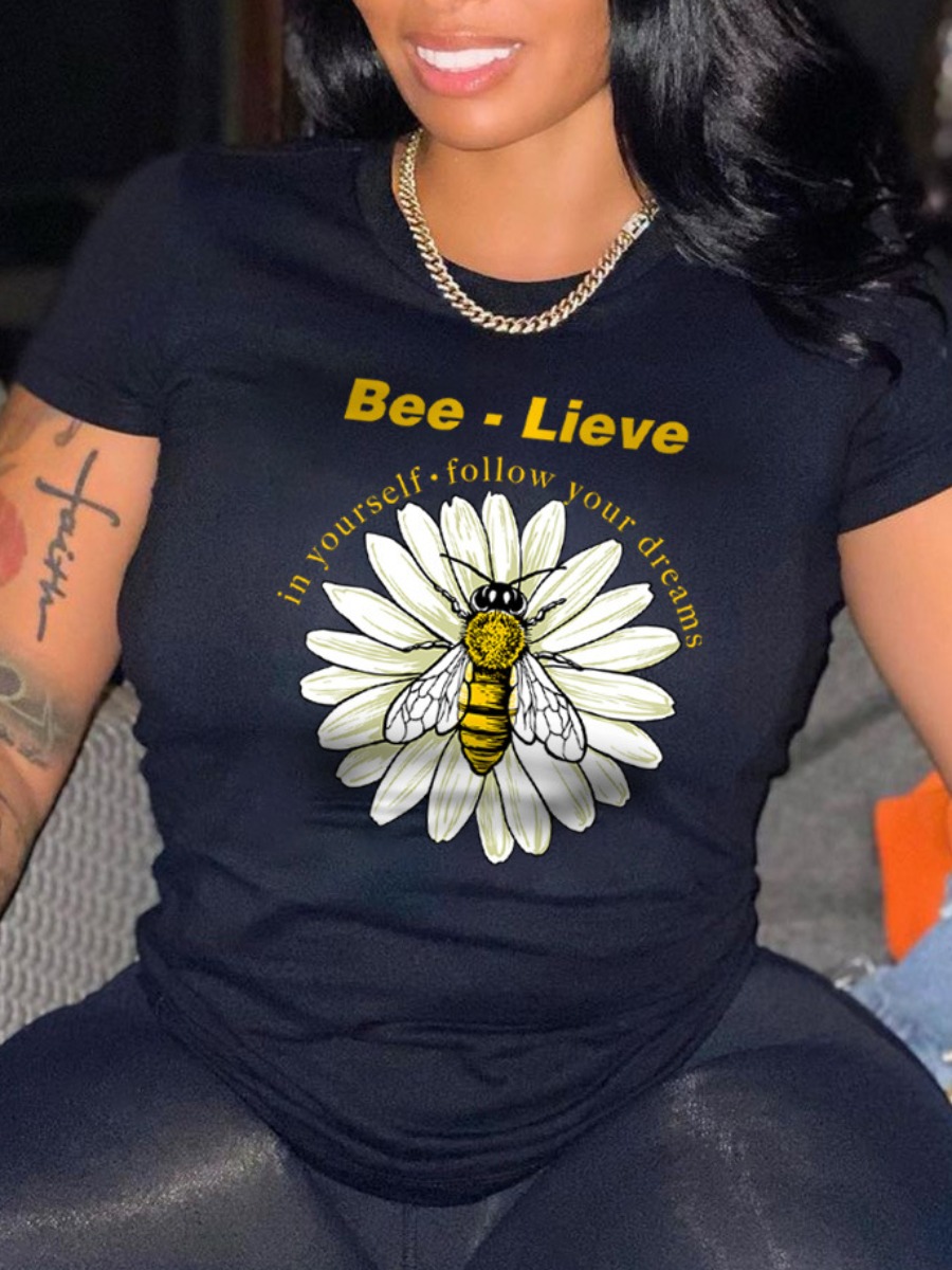 

Lovely Casual Bee Letter Print Black Plus Size T-shirt
