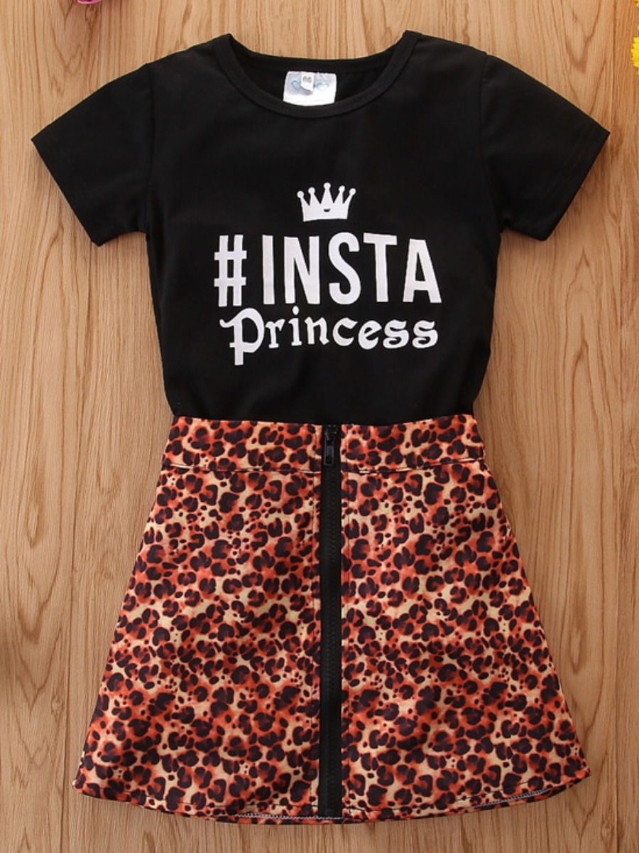 

Lovely Girl Casual Leopard Letter Print Black Two Piece Skirt Set
