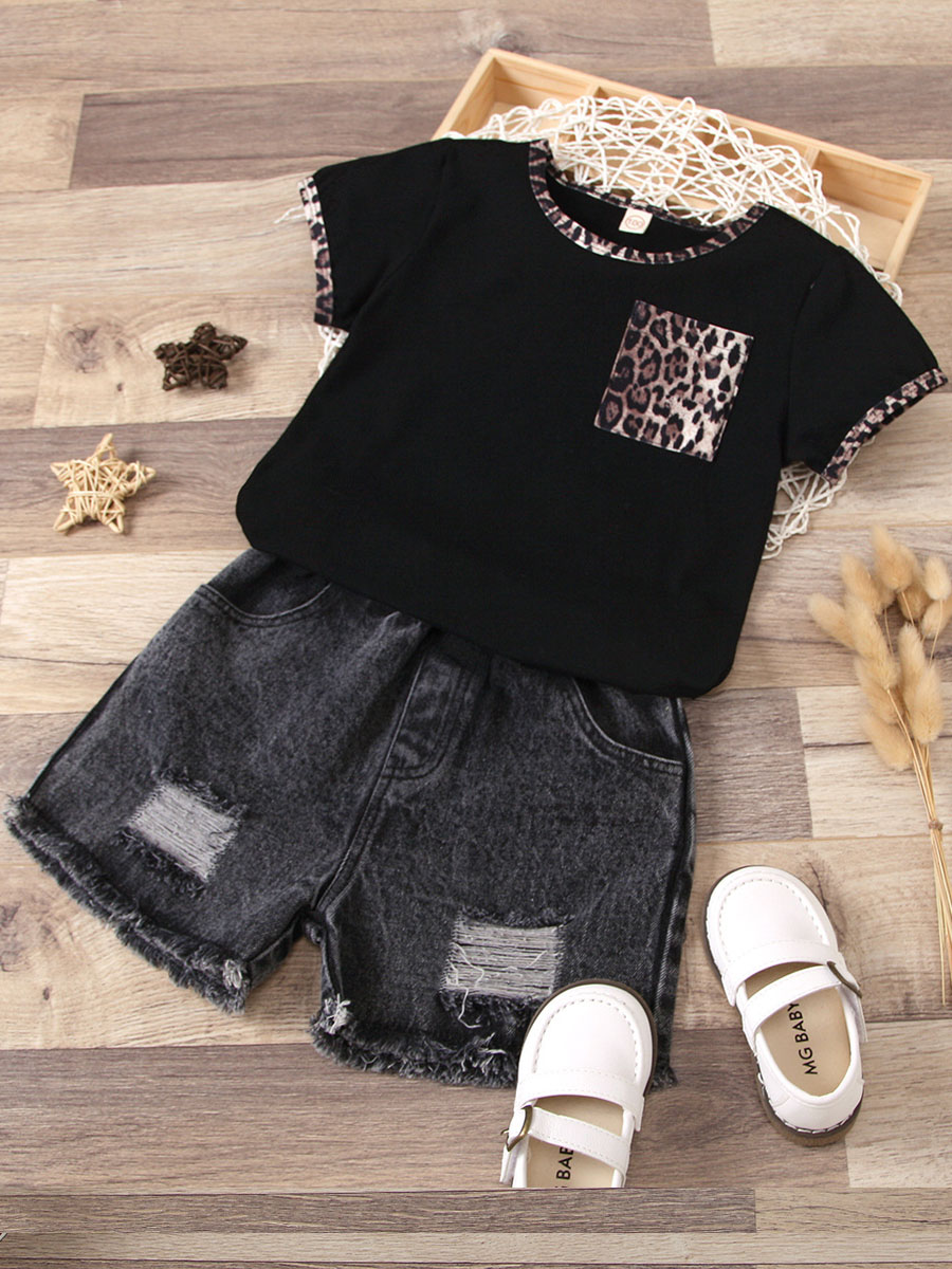 

Lovely Girl Casual Leopard Print Ripped Black Two Piece Shorts Set