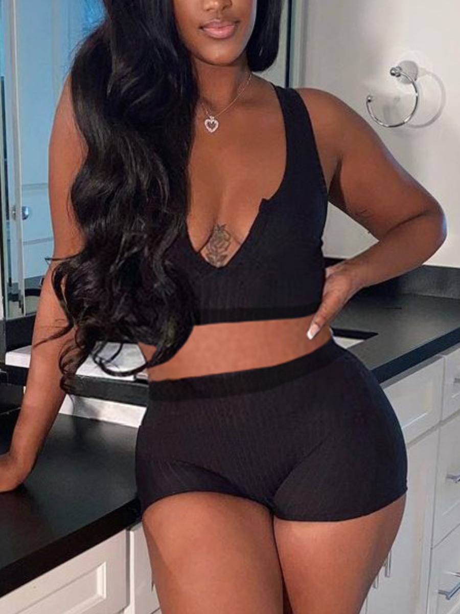 

Lovely Casual V Neck Rib-Knit Black Two Piece Shorts Set