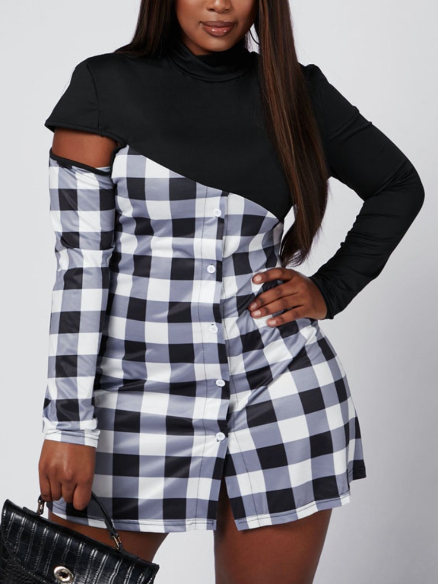 

Lovely Sweet Plaid Print Hollow-out Black Mini Plus Size Dress