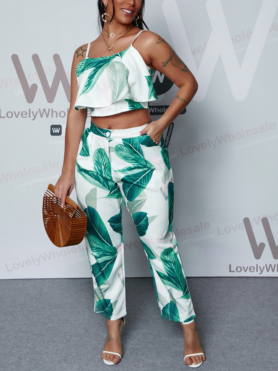 

Lovely Boho Floral Print Flounce Design Green Two Piece Pants Set