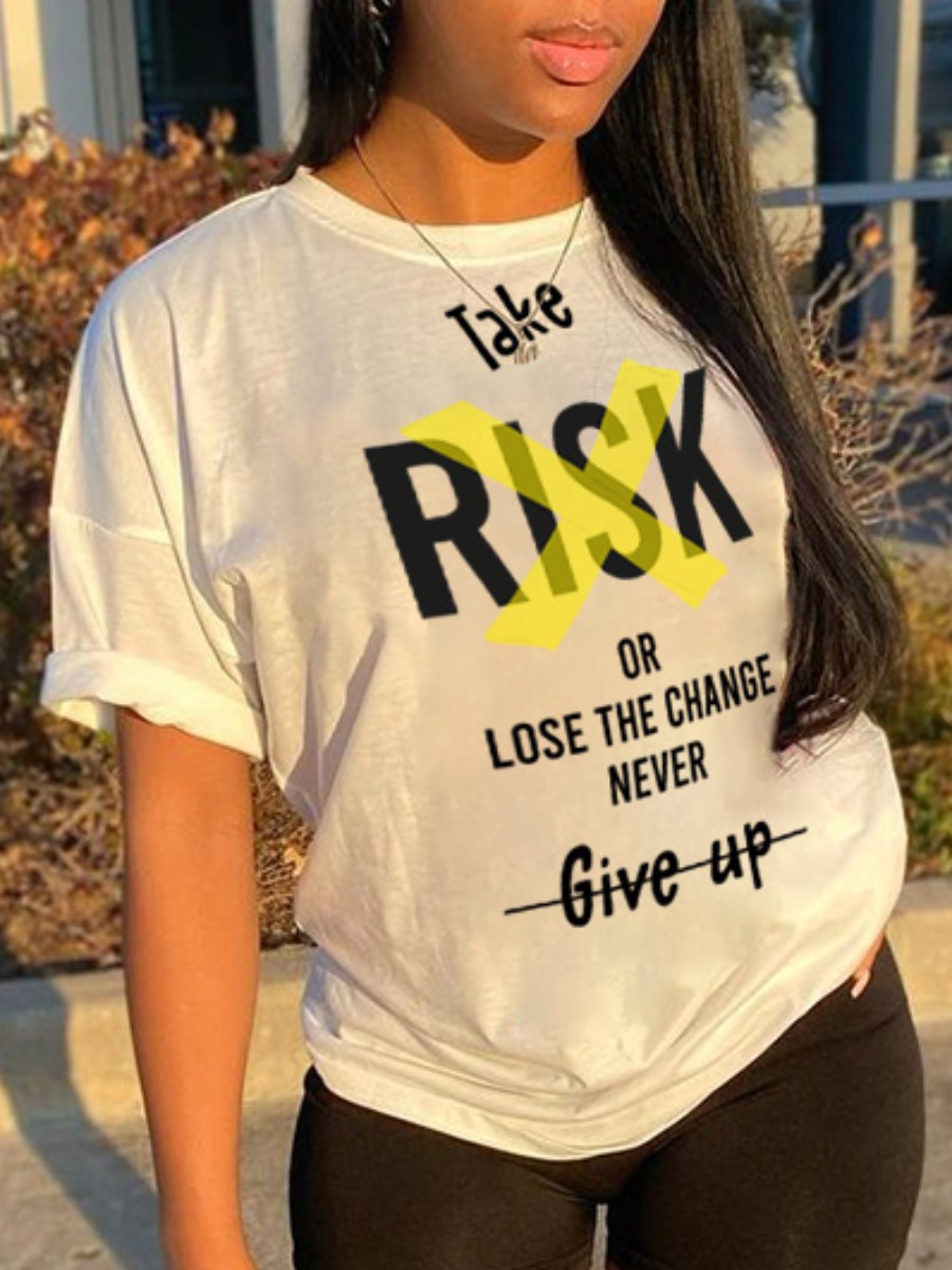 

Lovely Plus Size Casual O Neck Letter Print White T-shirt
