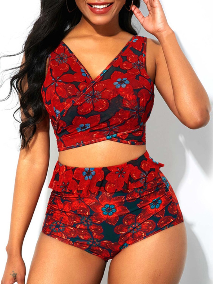 

Lovely Boho Floral Print Bandage Design Red Tankini