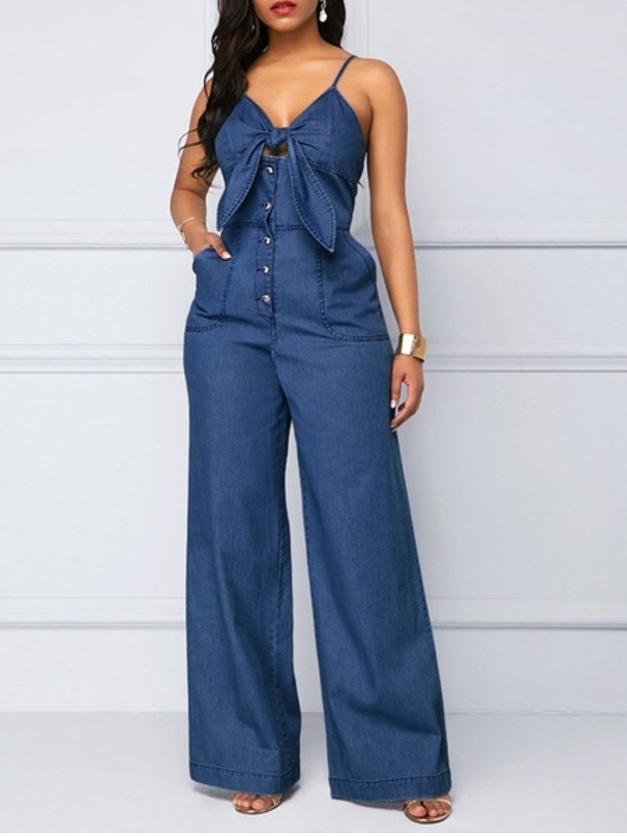 

Lovely Casual Button Bandage Design Black One-piece Denim Jumpsuit, Deep blue