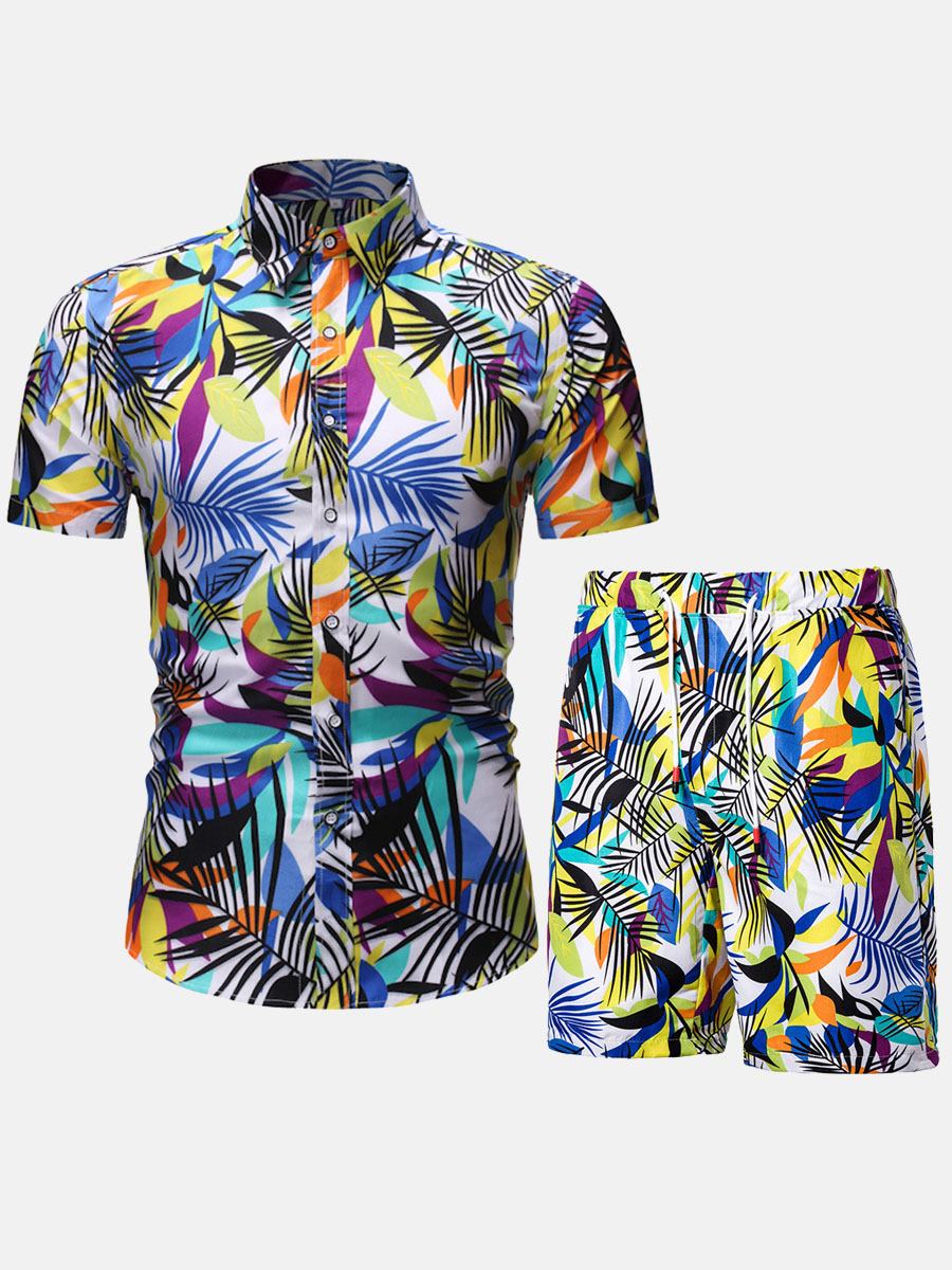 

Lovely Men Boho Floral Print Drawstring Multicolor Two Piece Shorts Set, Multi