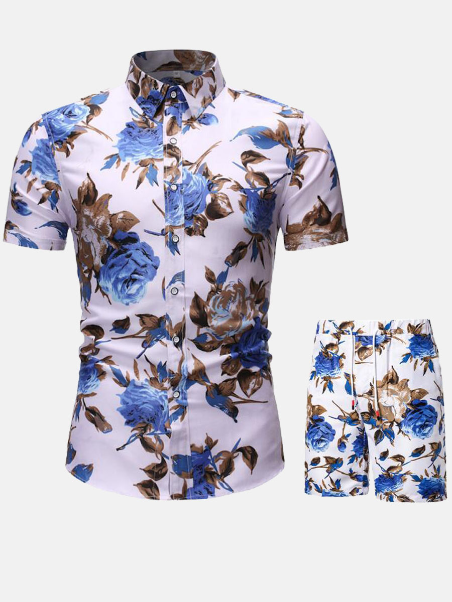 

LW Men Boho Floral Print Drawstring Blue Two Piece Shorts Set