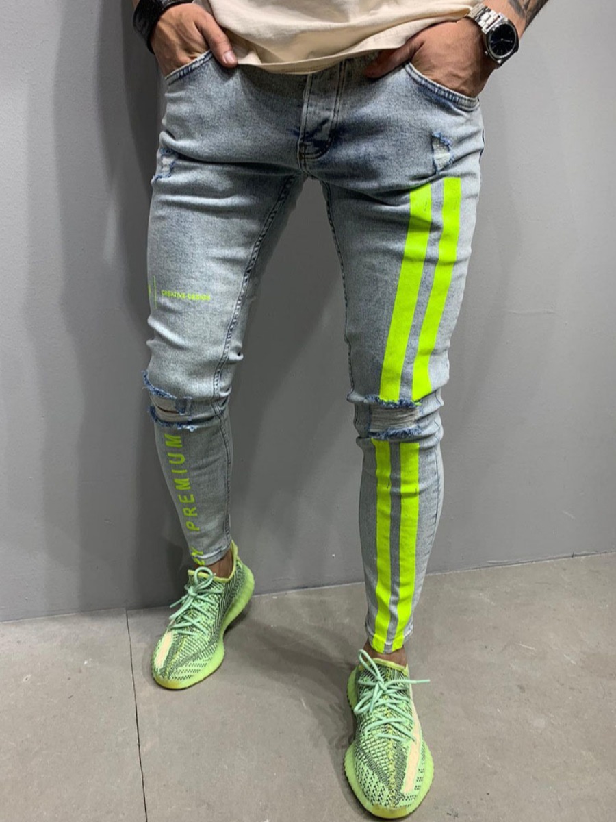 

LW Men High Stretchy Ripped Letter Print Striped Baby Blue Jeans