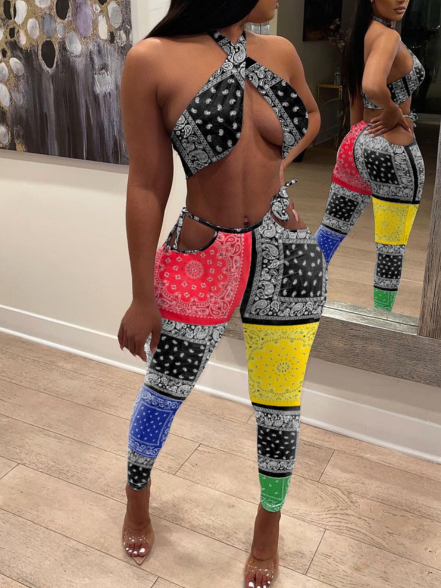 

Lovely Sexy Criss Cross Hollow-out Color-lump Black Two Piece Pants Set