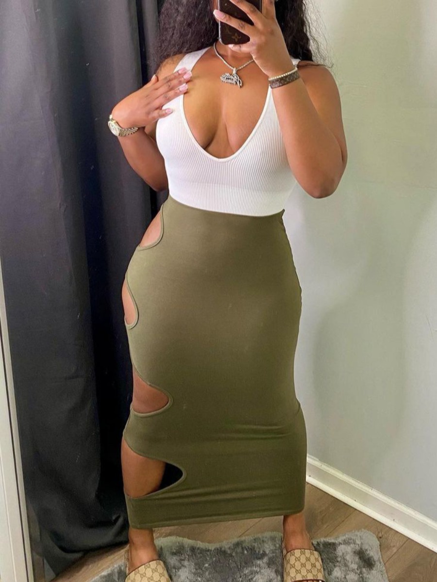 

LW Street U Neck Hollow-out Army Green Ankle Length Dress