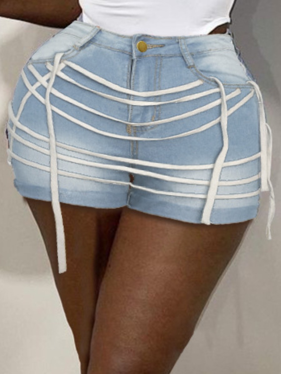 

Lovely Casual High-waisted Bandage Design Baby Blue Denim Shorts