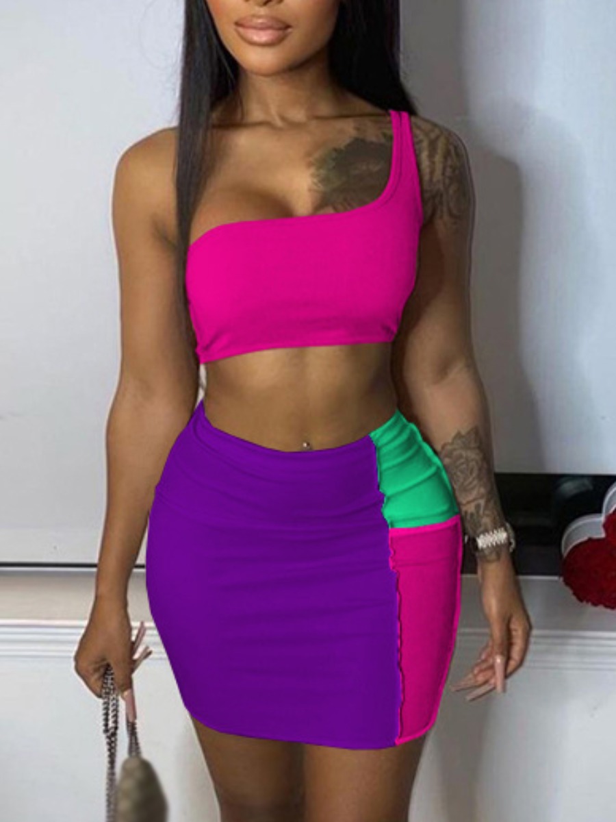 

Lovely Street One Shoulder Color-lump Purple Two Piece Skirt Set