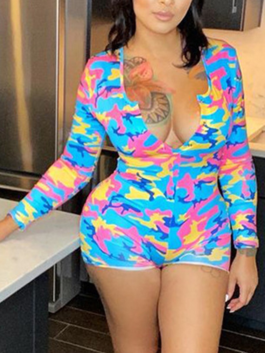 

Lovely Casual V Neck Camo Print Blue One-piece Romper