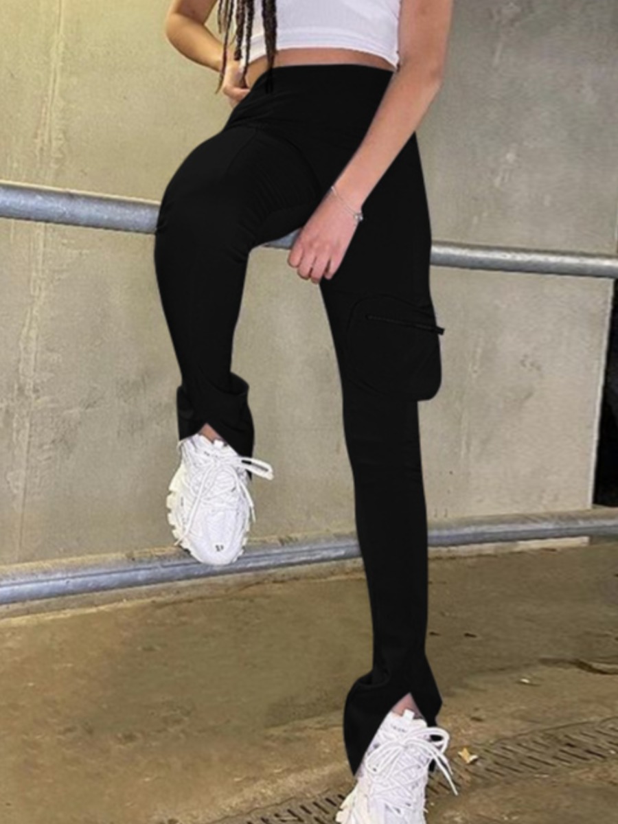 

Lovely Casual Zipper Design Split Black Pants