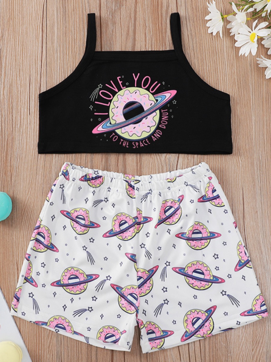 

Lovely Girl Sweet Planet Letter Print Black Two Piece Shorts Set