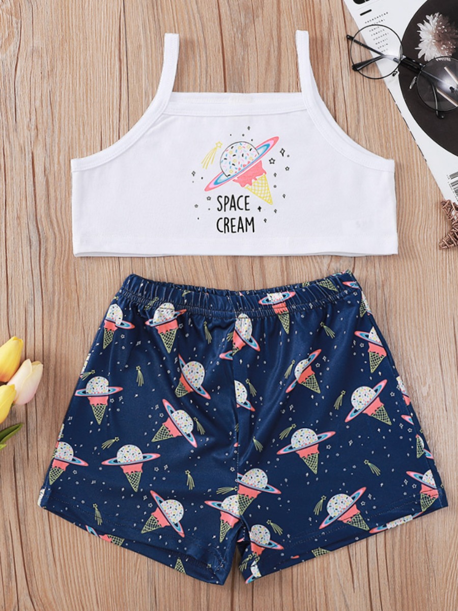 

Lovely Girl Sweet Planet Letter Print White Two Piece Shorts Set