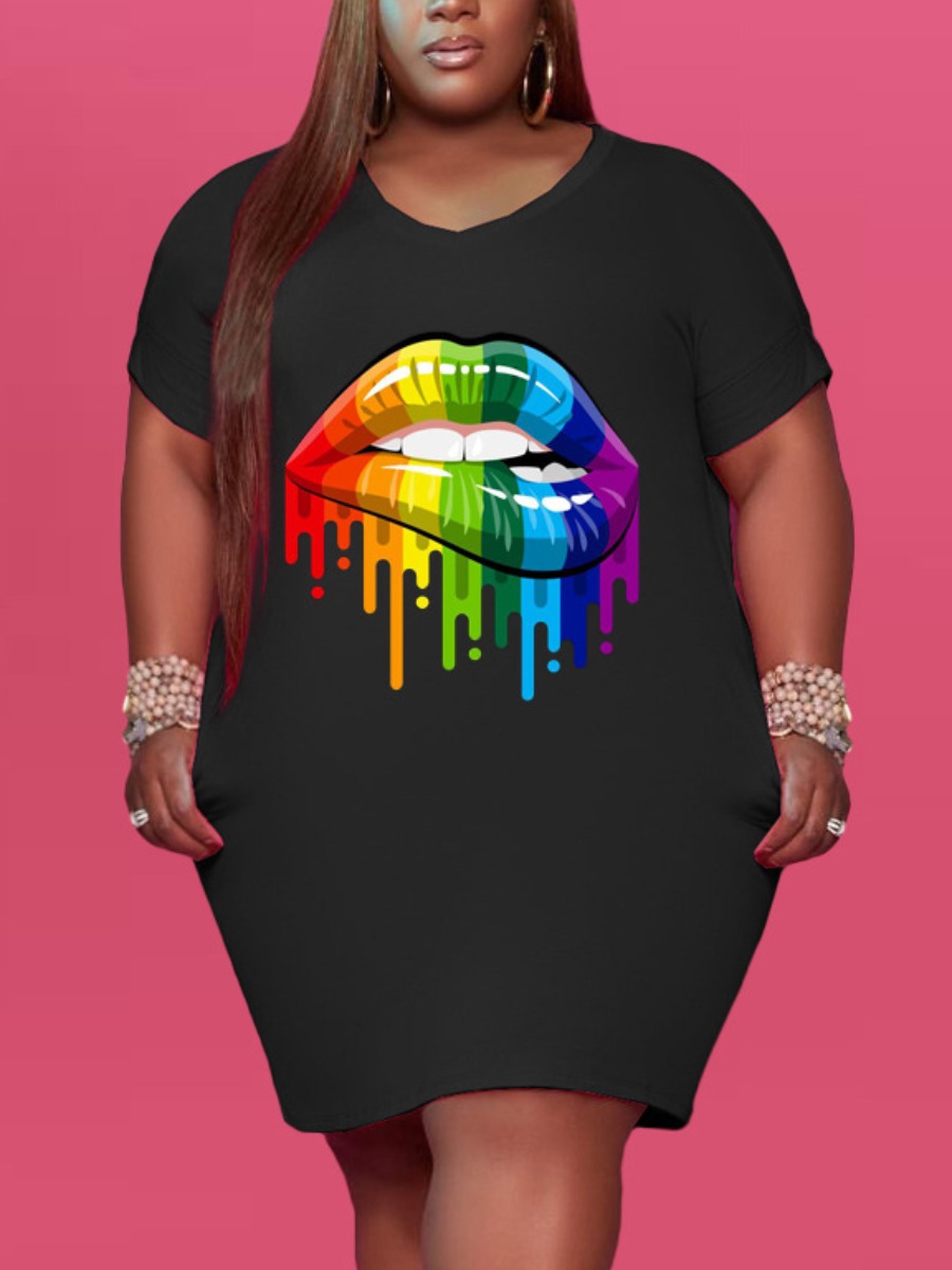 

Lovely Plus Size Street V Neck Lip Print Black Mini Dress